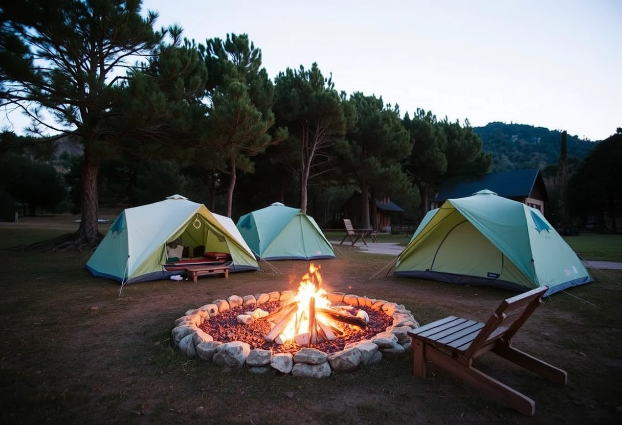 Área de camping bajo los árboles